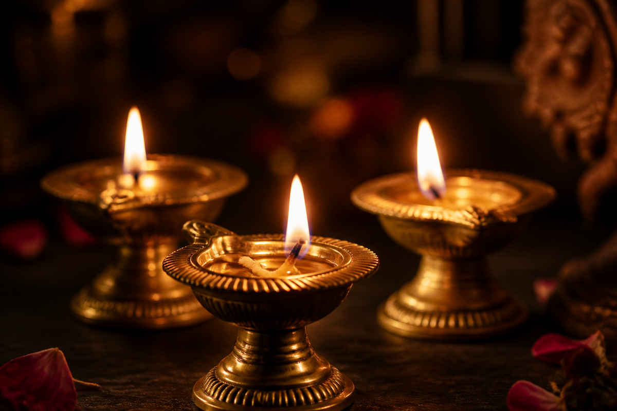 Lit diyas glowing in the dark