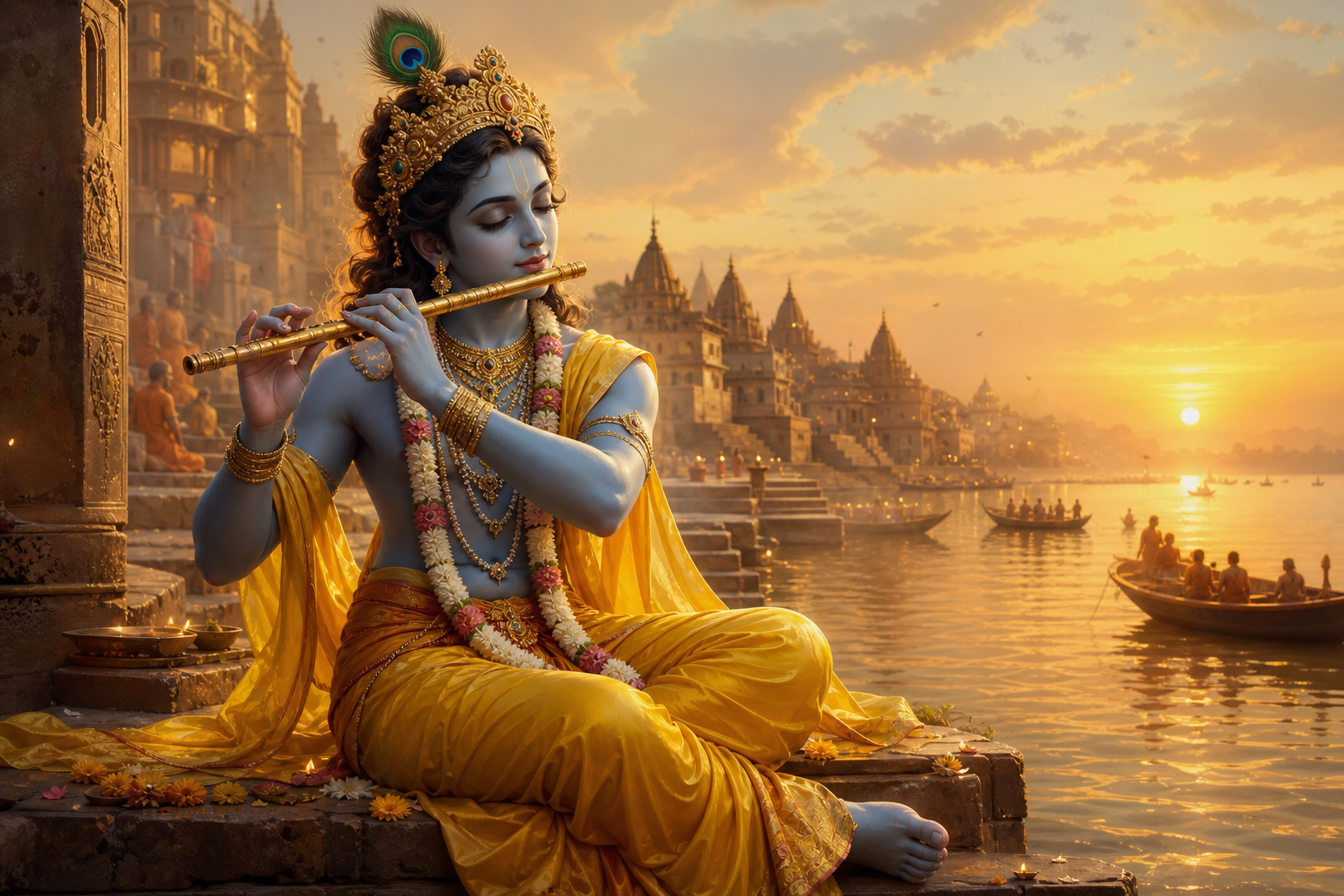 Lord Krishna playing the flute by a river at sunset