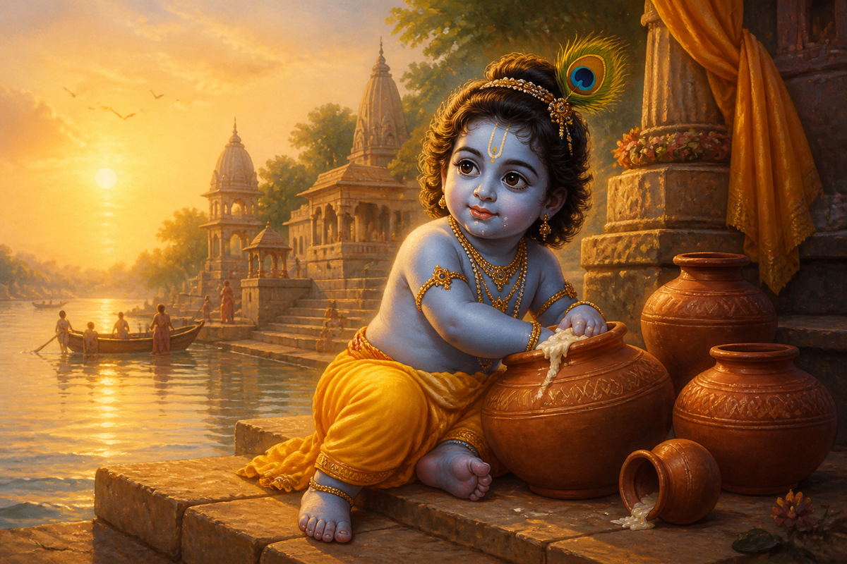 Baby Krishna by the river at sunset