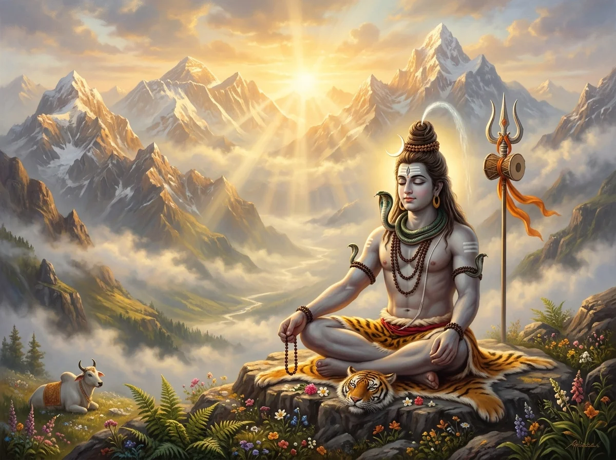 Lord Shiva in deep meditation amidst the Himalayas