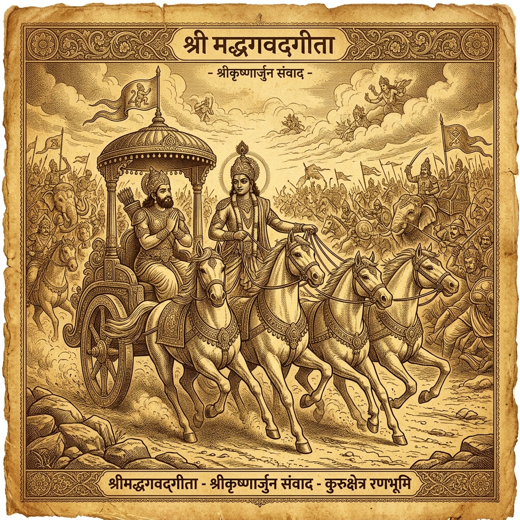 Lord Krishna and Arjuna on chariot at Kurukshetra battlefield
