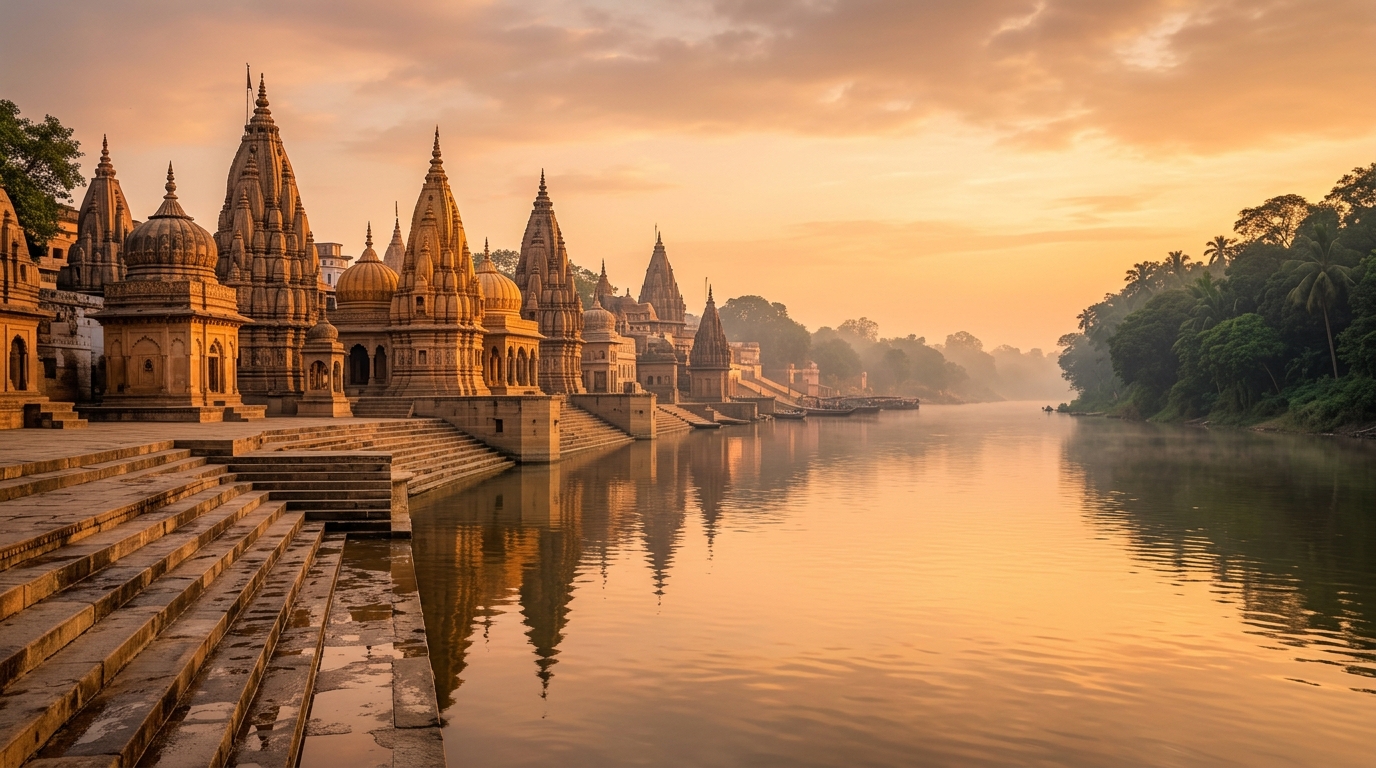 Sacred temple ghat at golden sunrise