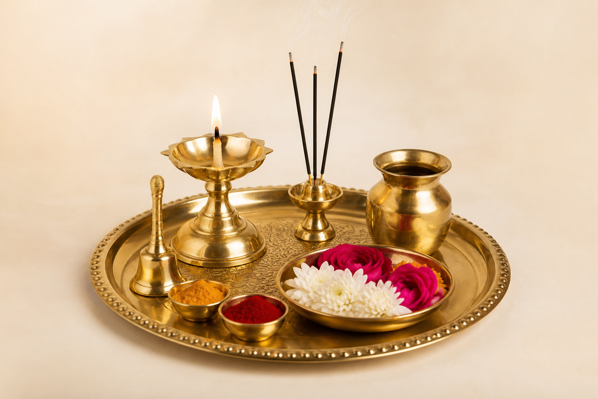 Brass puja thali with diya, flowers and kumkum