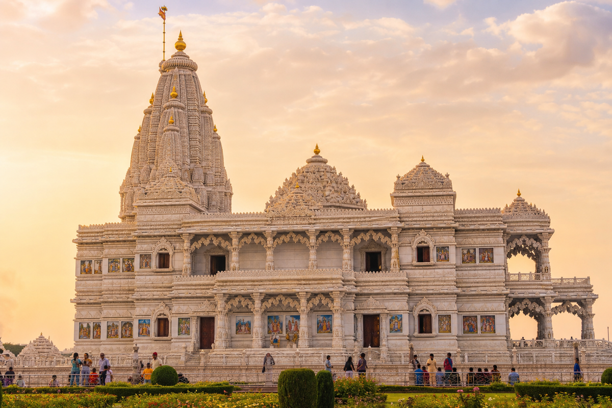 White marble temple glowing in evening light